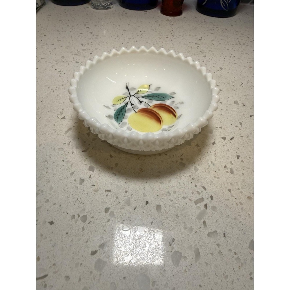 Westmoreland English Hobnail 4 1/4" Hand Painted Peach Bowl Mid Cent Milk Glass